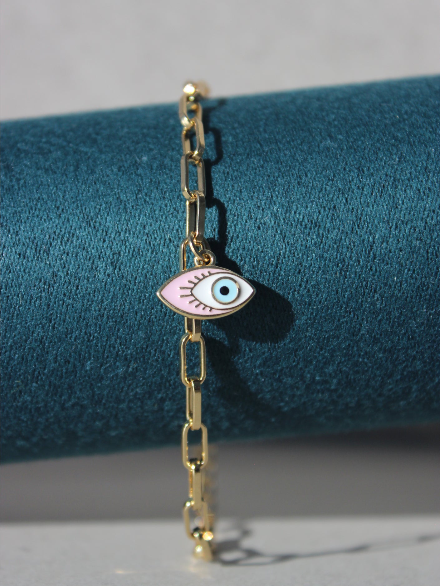 Pink Evil Eye Pendant Paperclip Bracelet