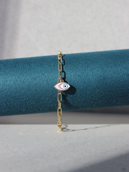 Pink Evil Eye Pendant Paperclip Bracelet