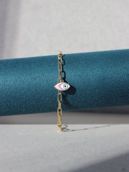 Pink Evil Eye Pendant Paperclip Bracelet