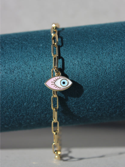 Pink Evil Eye Pendant Paperclip Bracelet